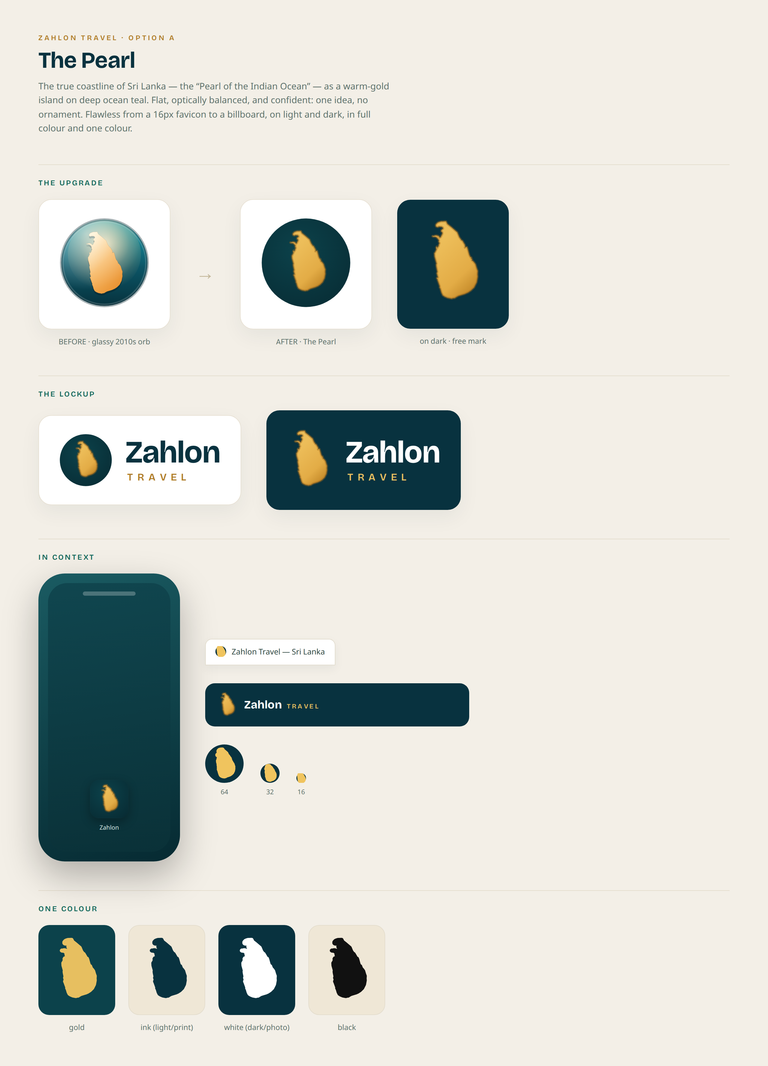 Zahlon Travel — The Pearl logo system: before/after, wordmark lockup, in-context app icon / browser tab / header / favicon ladder, and one-colour variants.